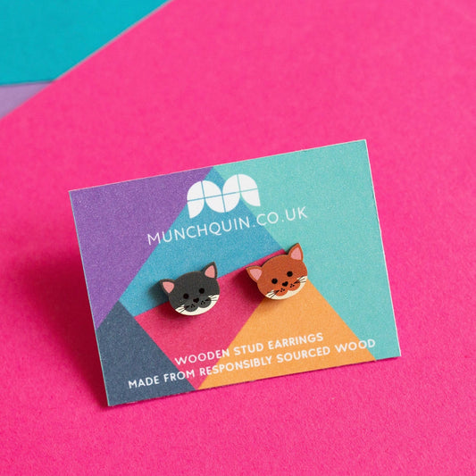 Mismatched Cats - Eco Friendly Wooden Studs - The Little Jewellery Company