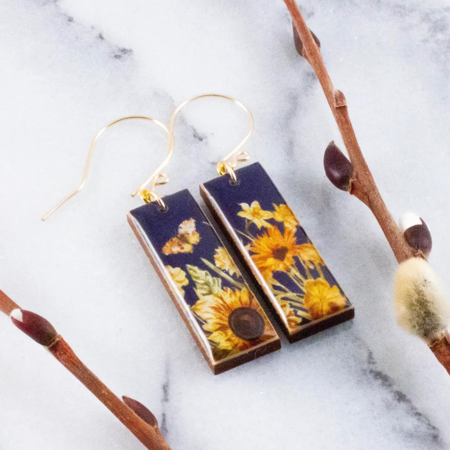 Navy + Gold Sunflowers Rectangle Earrings - The Little Jewellery Company