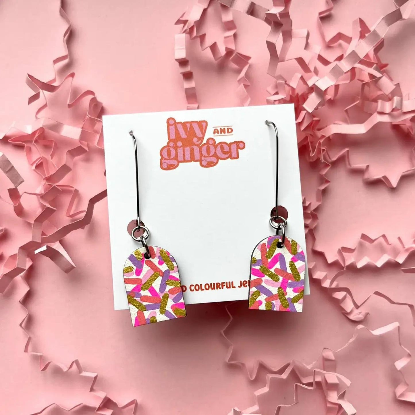 Pink Confetti Bright Arch Dangle Wooden Earrings - The Little Jewellery Company