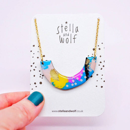 Colourful geometric statement necklace, modern wooden - The Little Jewellery Company