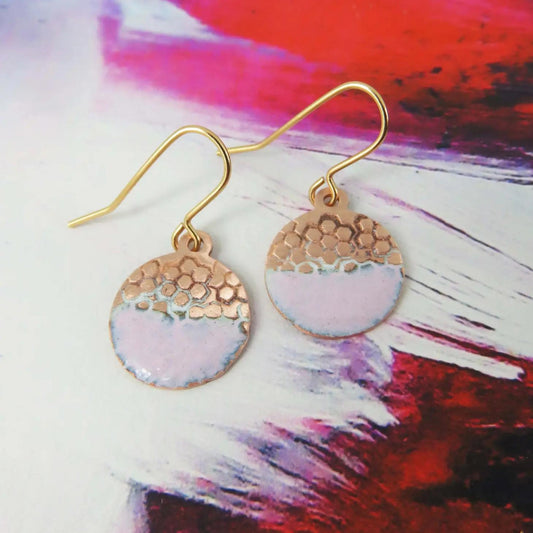 Enamel and Textured Copper Dangle Earrings with Pink Enamel - The Little Jewellery Company