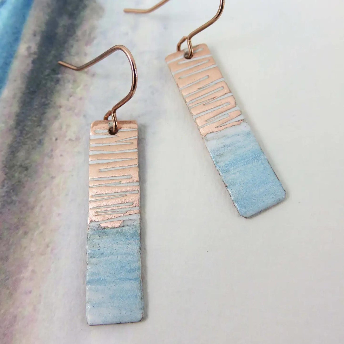 Enamel and Textured Rectangle Copper Dangle Drop Earrings - The Little Jewellery Company