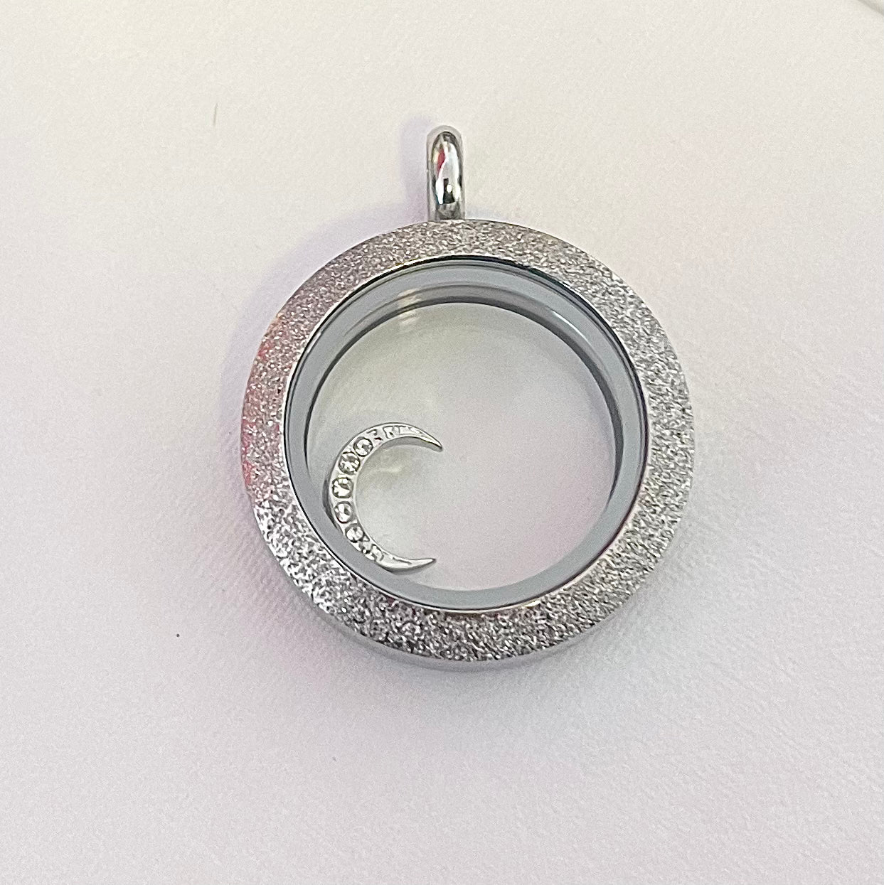 Memory Locket Charm - Silver Crystal Moon