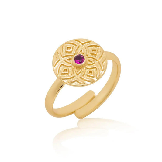 Pantheon Ornate Disc Ring with Set Pink Zircon - The Little Jewellery Company