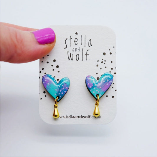 Pink and Green Abstract Heart Earrings - The Little Jewellery Company