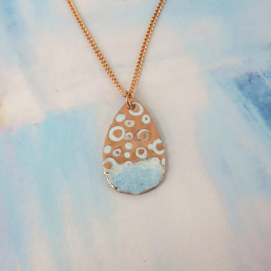 Textured Copper Teardrop Pendant with Blue and White Enamel - The Little Jewellery Company