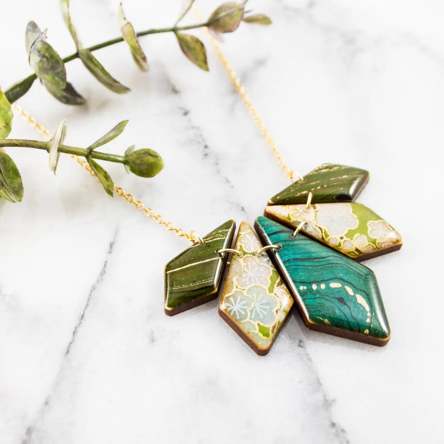 Japanese Geometric Petal Necklace... Turquoise + Green