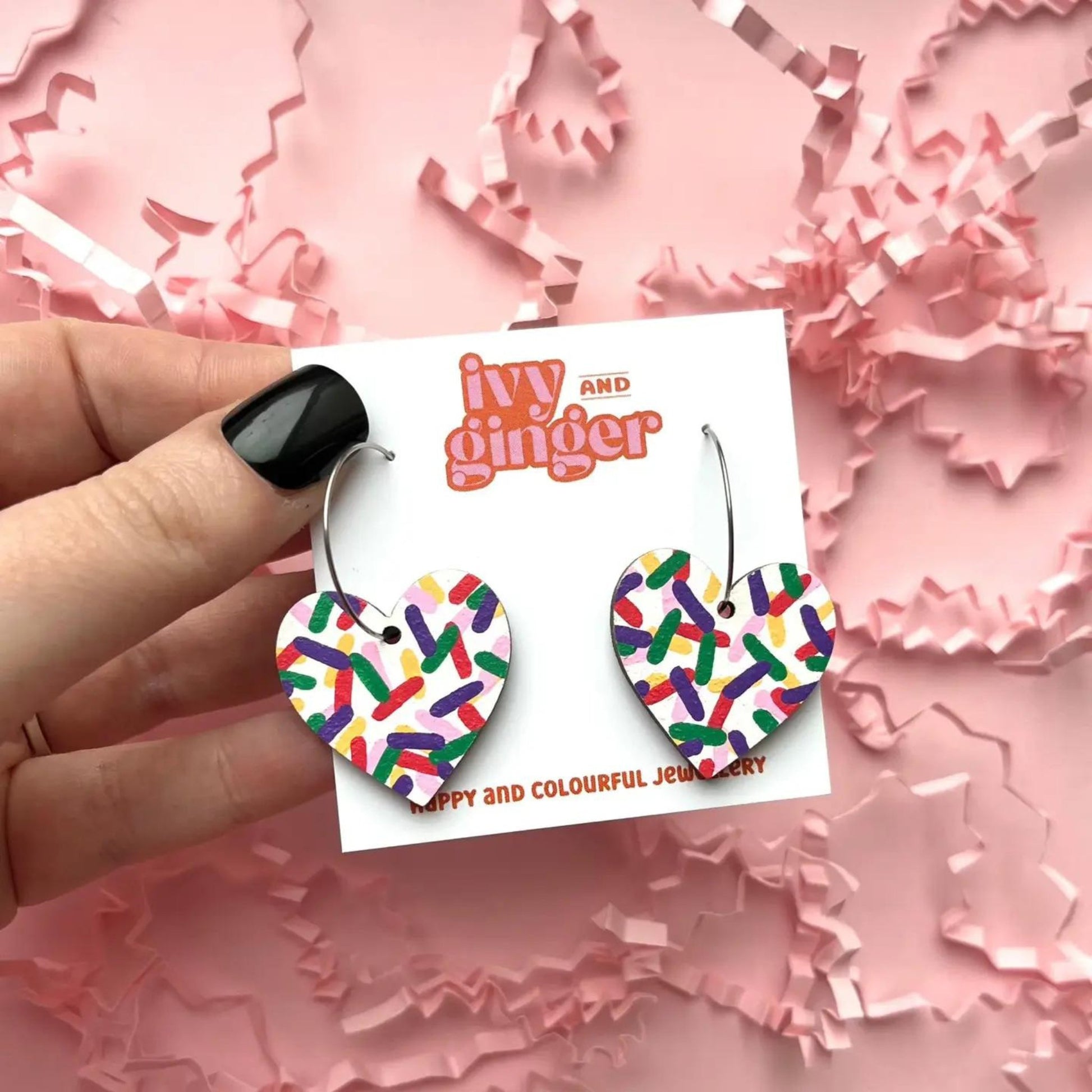 Confetti Heart Hoops Hand Painted Wooden Earrings - The Little Jewellery Company