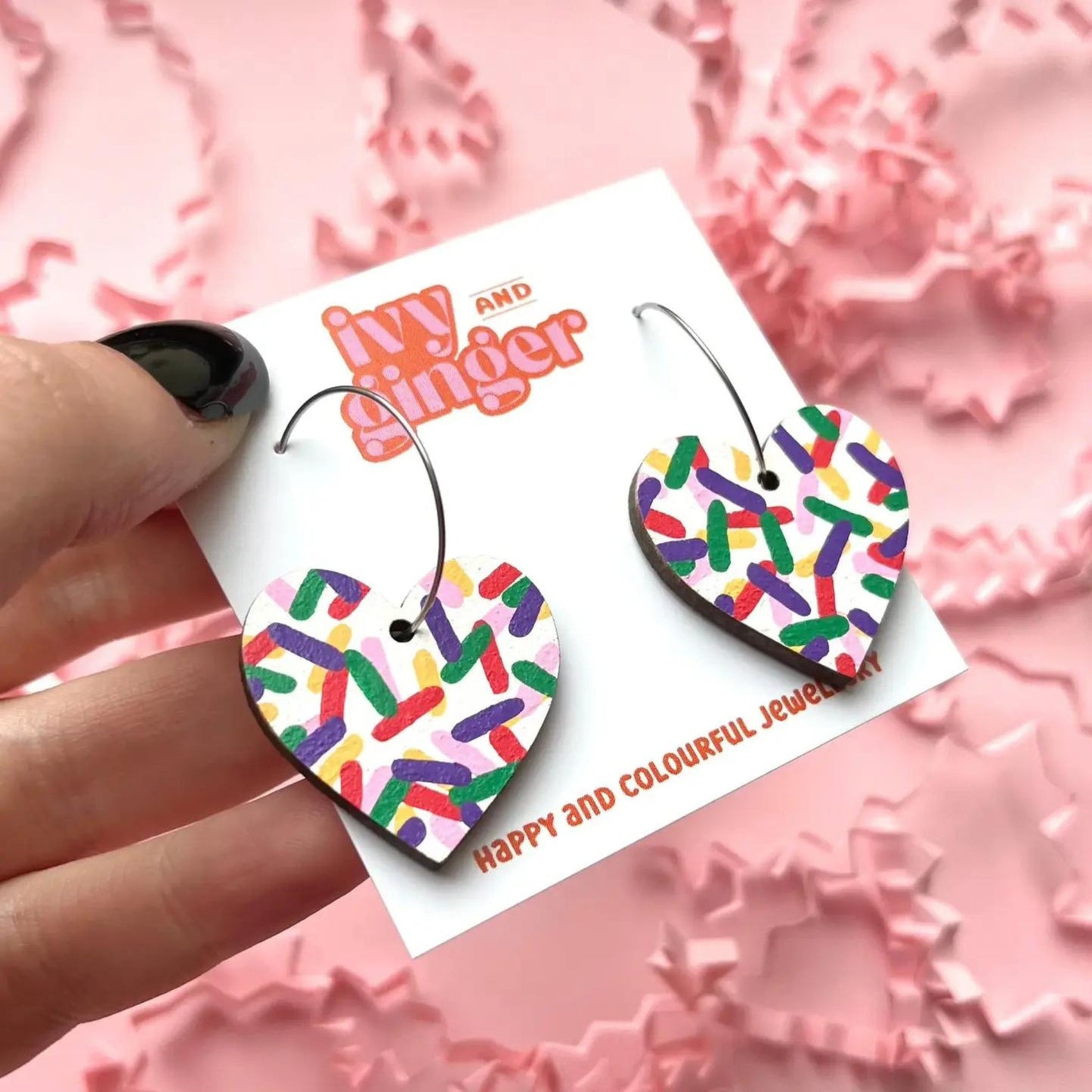 Confetti Heart Hoops Hand Painted Wooden Earrings - The Little Jewellery Company