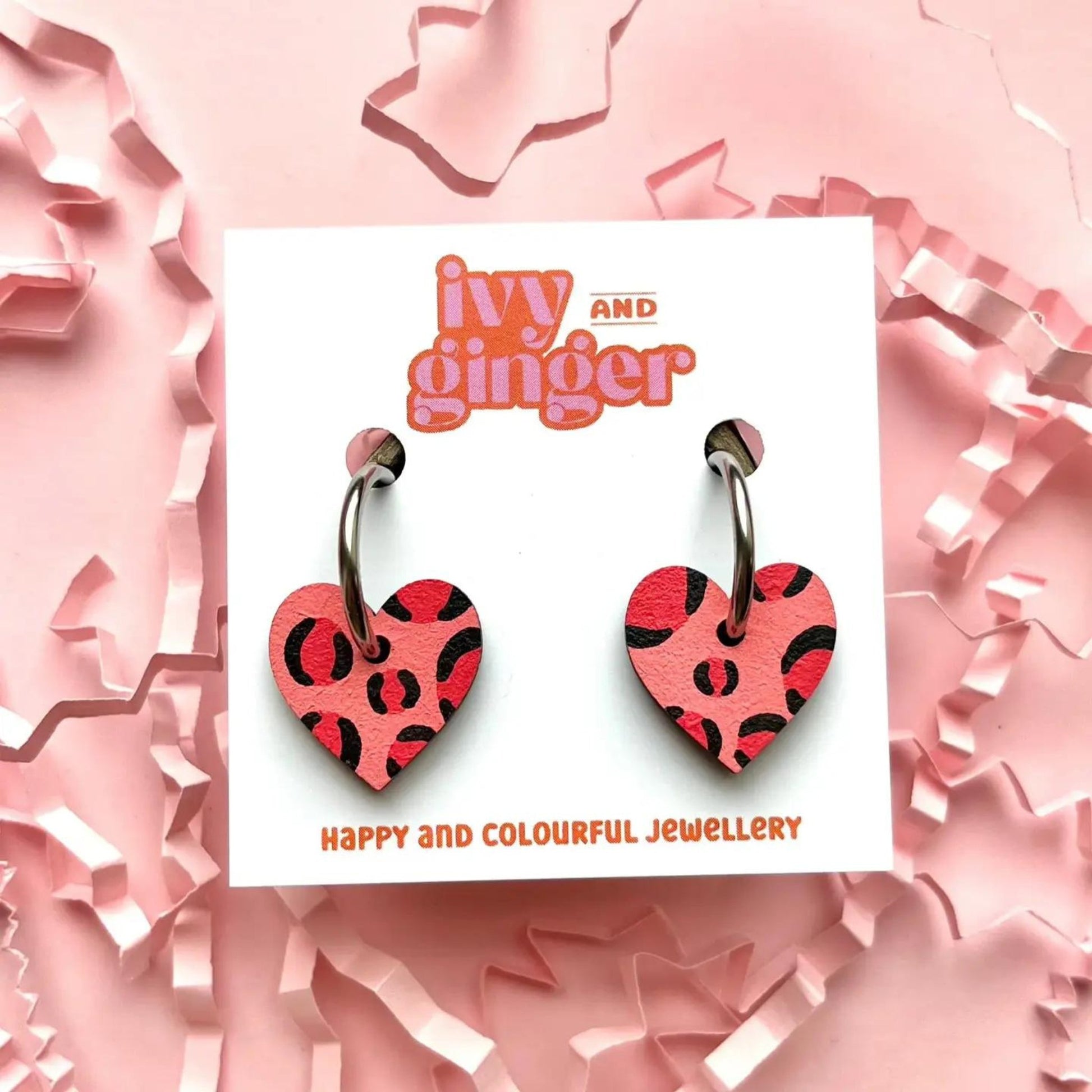 Deep Pink and Red Leopard Print Heart Hoops - The Little Jewellery Company