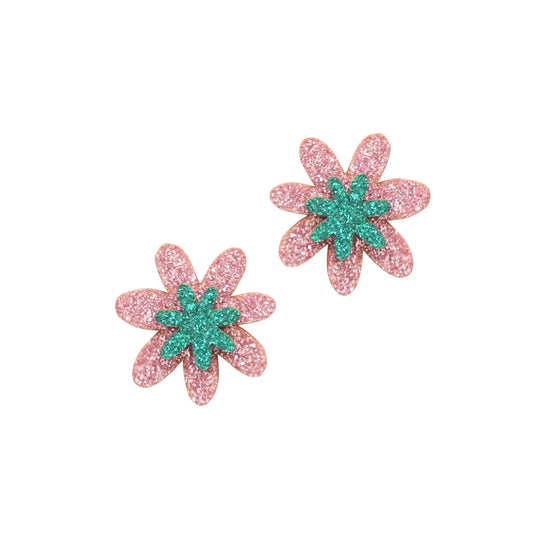 Double Flower Glitter Stud Earrings in Baby pink + Emerald - The Little Jewellery Company