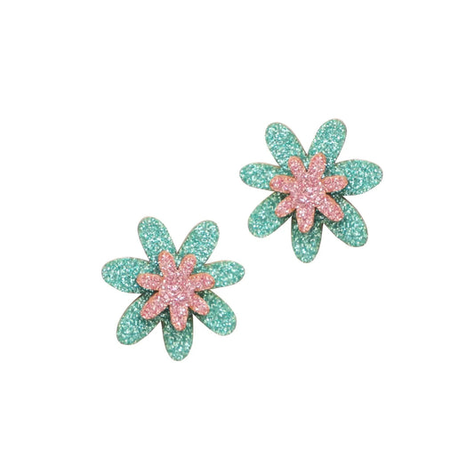 Double Flower Glitter Stud Earrings in Jade + Baby pink - The Little Jewellery Company