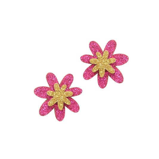 Double Flower Glitter Stud Earrings in Magenta + Gold - The Little Jewellery Company