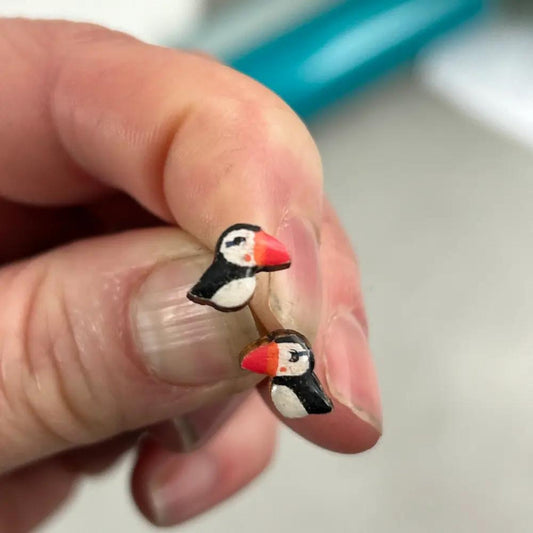 Hand Painted Wooden Puffin Earrings   - Handmade in Scotland - The Little Jewellery Company