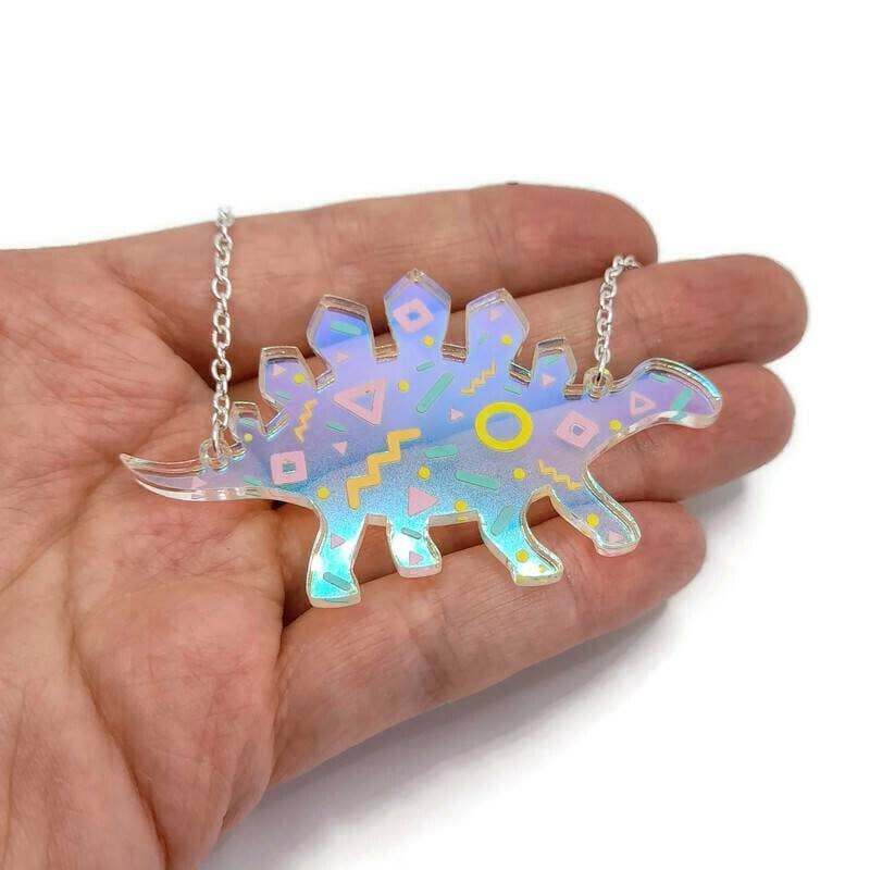 Iridescent Memphis Pattern Dinosaur Necklace - The Little Jewellery Company