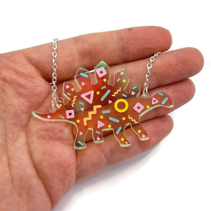 Iridescent Memphis Pattern Dinosaur Necklace - The Little Jewellery Company