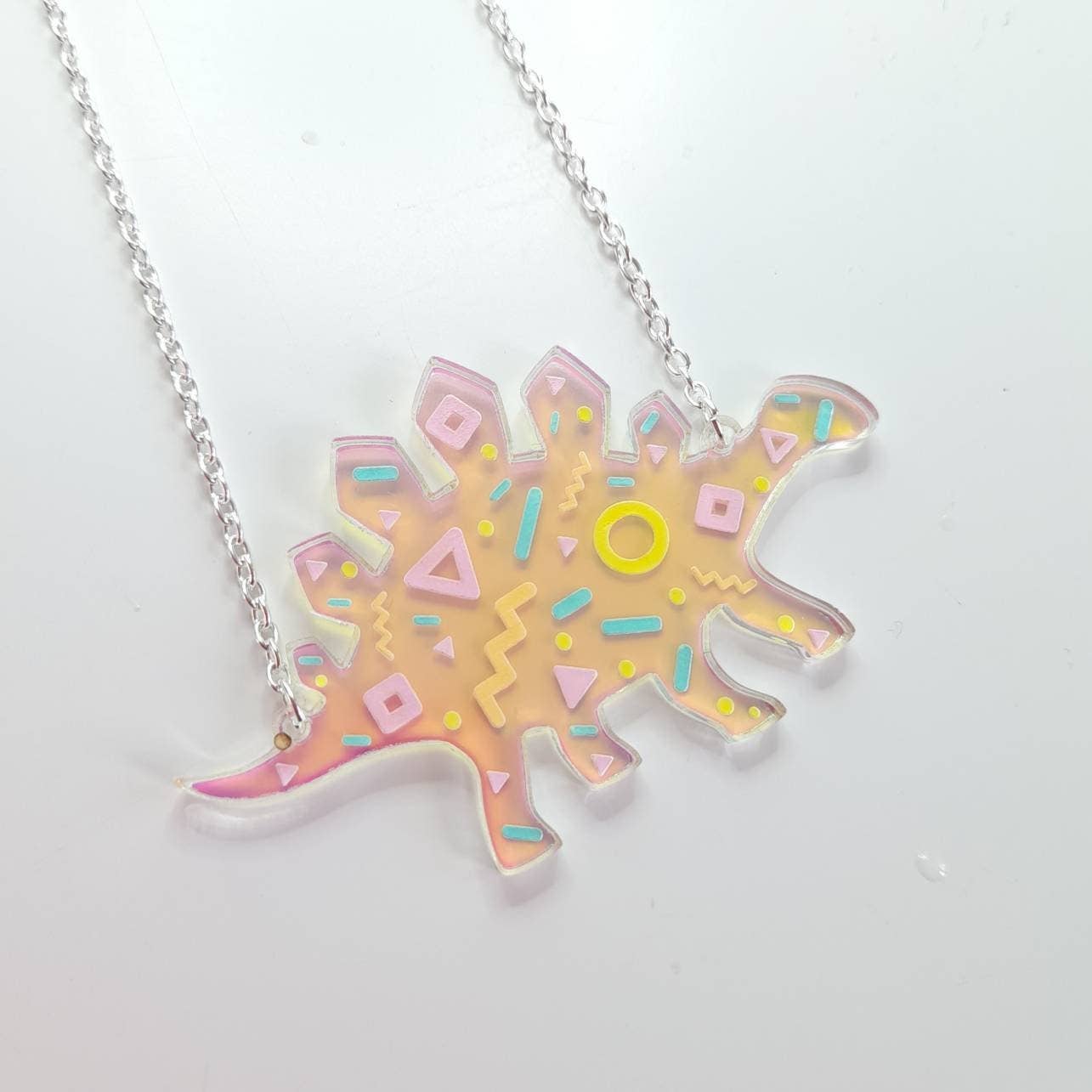 Iridescent Memphis Pattern Dinosaur Necklace - The Little Jewellery Company