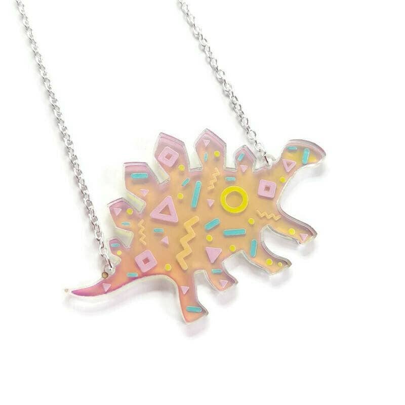 Iridescent Memphis Pattern Dinosaur Necklace - The Little Jewellery Company