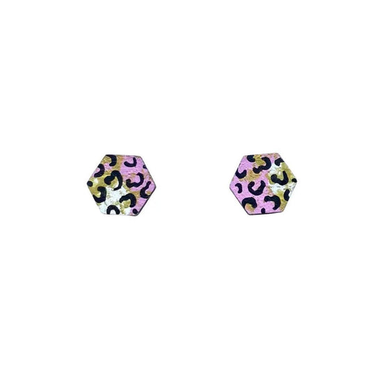 Mini Hexagon Mixed Leopard Print Hand Painted Studs - The Little Jewellery Company