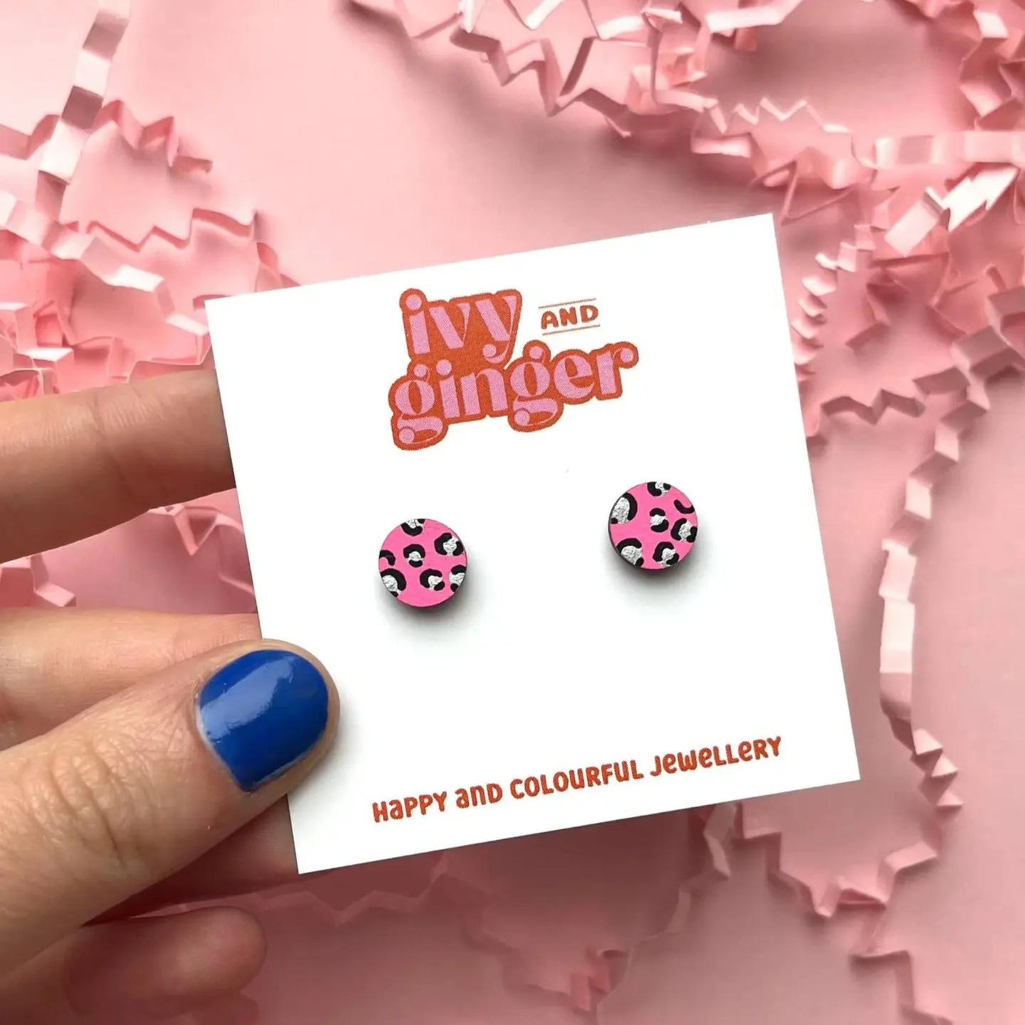 Mini Leopard Print Circle Studs - Bright Pink and Silver - The Little Jewellery Company