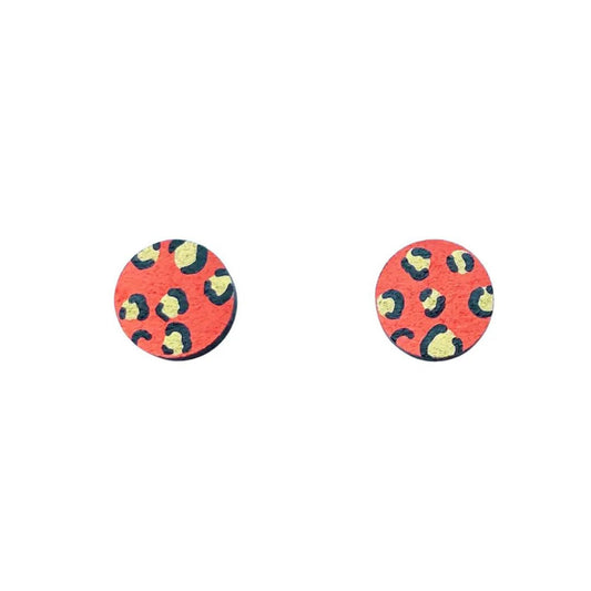 Mini Leopard Print Circle Studs - Orange and Gold - The Little Jewellery Company