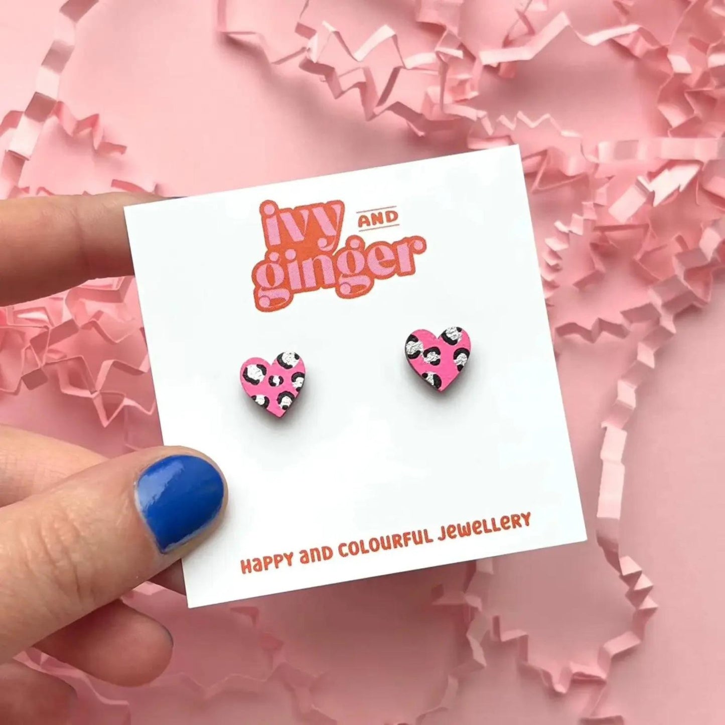 Mini Leopard Print Heart Studs - Bright Pink and Silver - The Little Jewellery Company