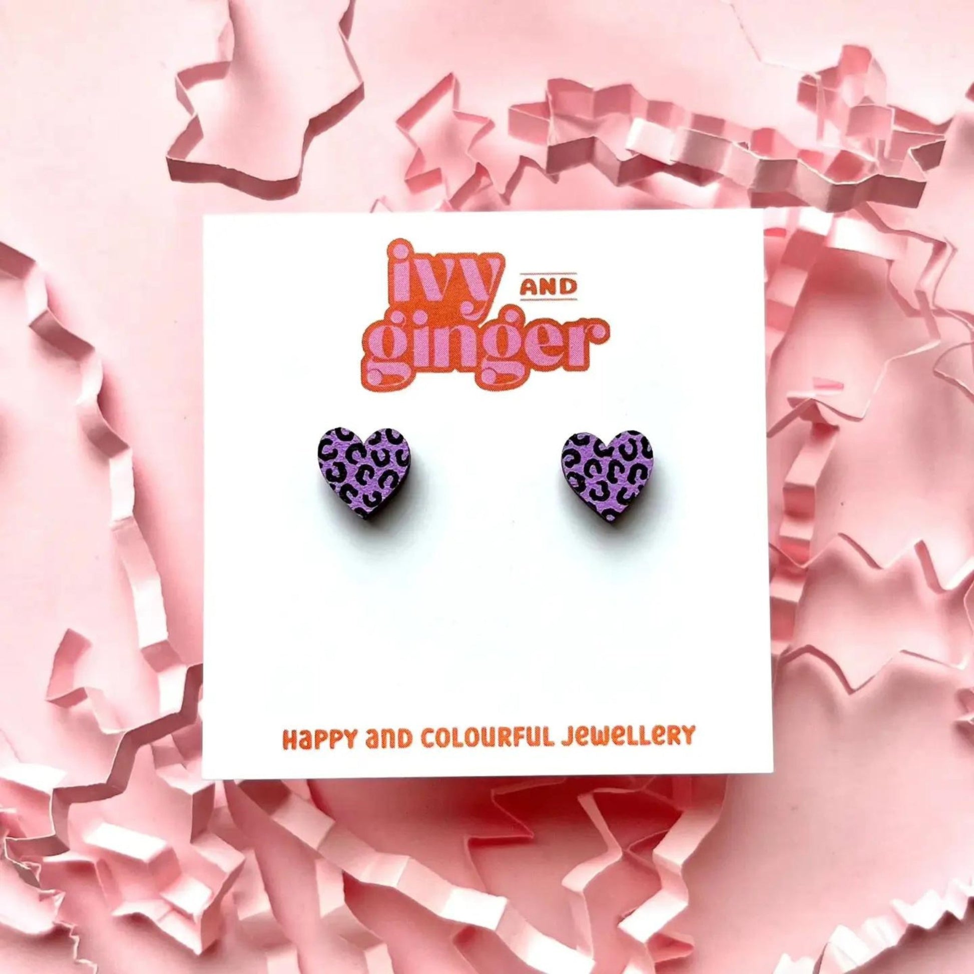 Mini Lilac and Black Leopard Print Heart Studs - The Little Jewellery Company