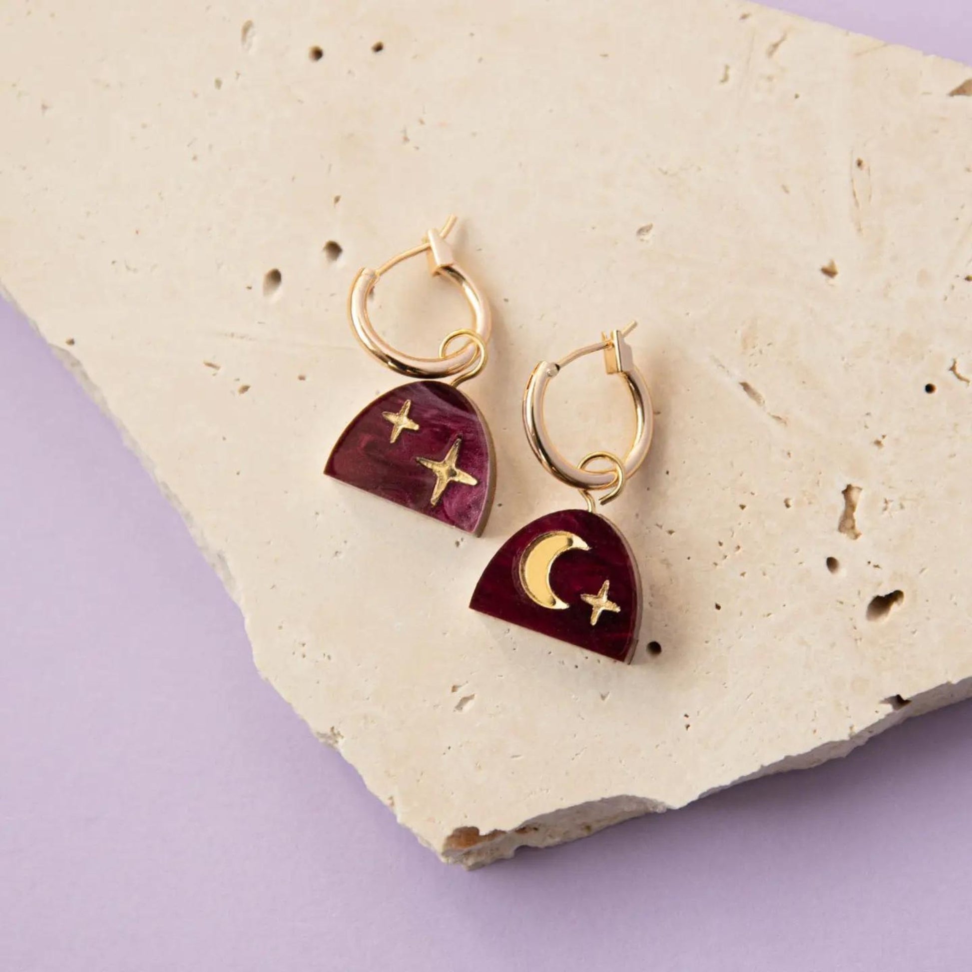 Mini Moon Rising Arc Hoops in Merlot Red Marble - The Little Jewellery Company