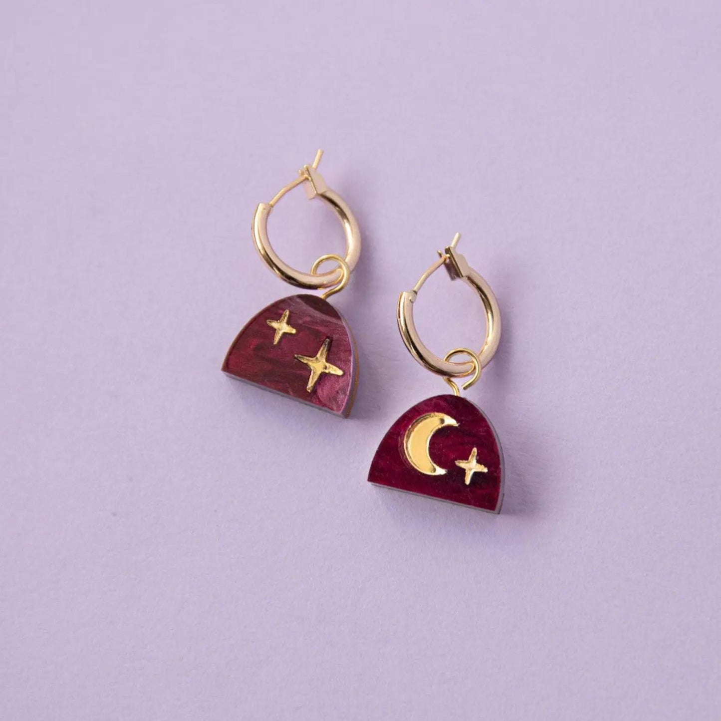 Mini Moon Rising Arc Hoops in Merlot Red Marble - The Little Jewellery Company