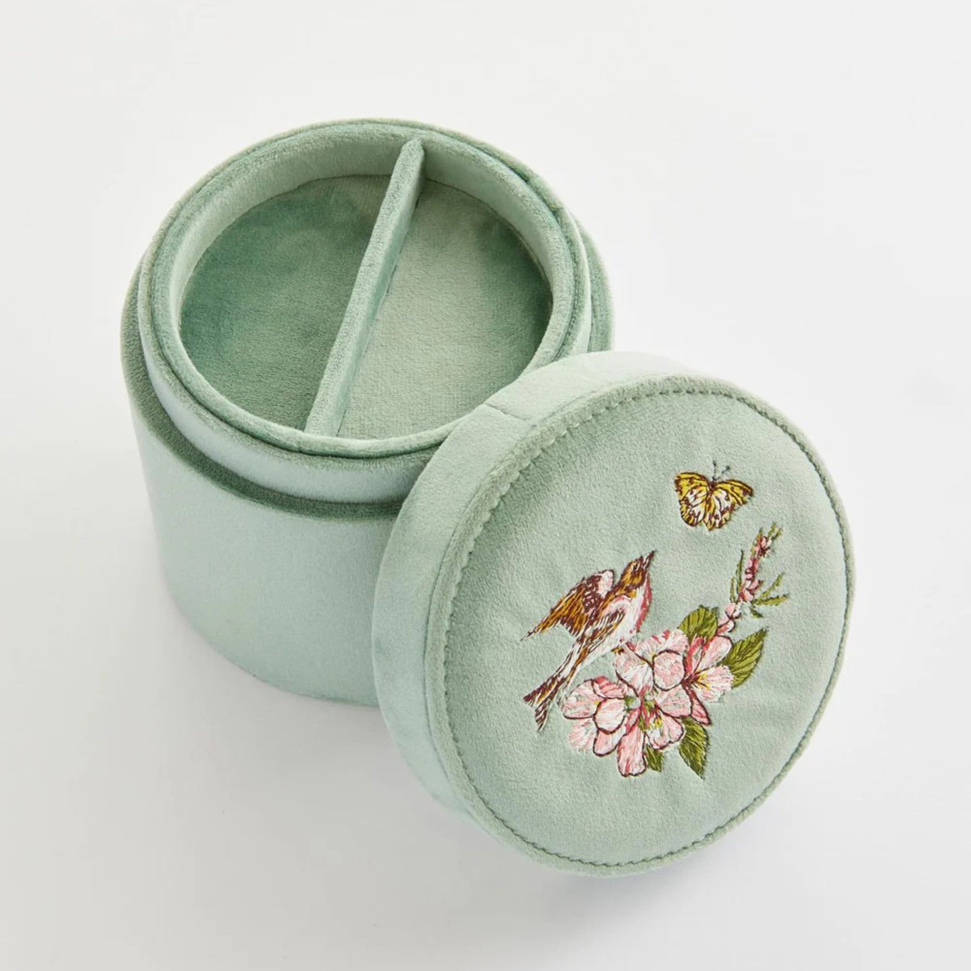 Morning Song Bird Embroidered Round Jewellery Box - The Little Jewellery Company