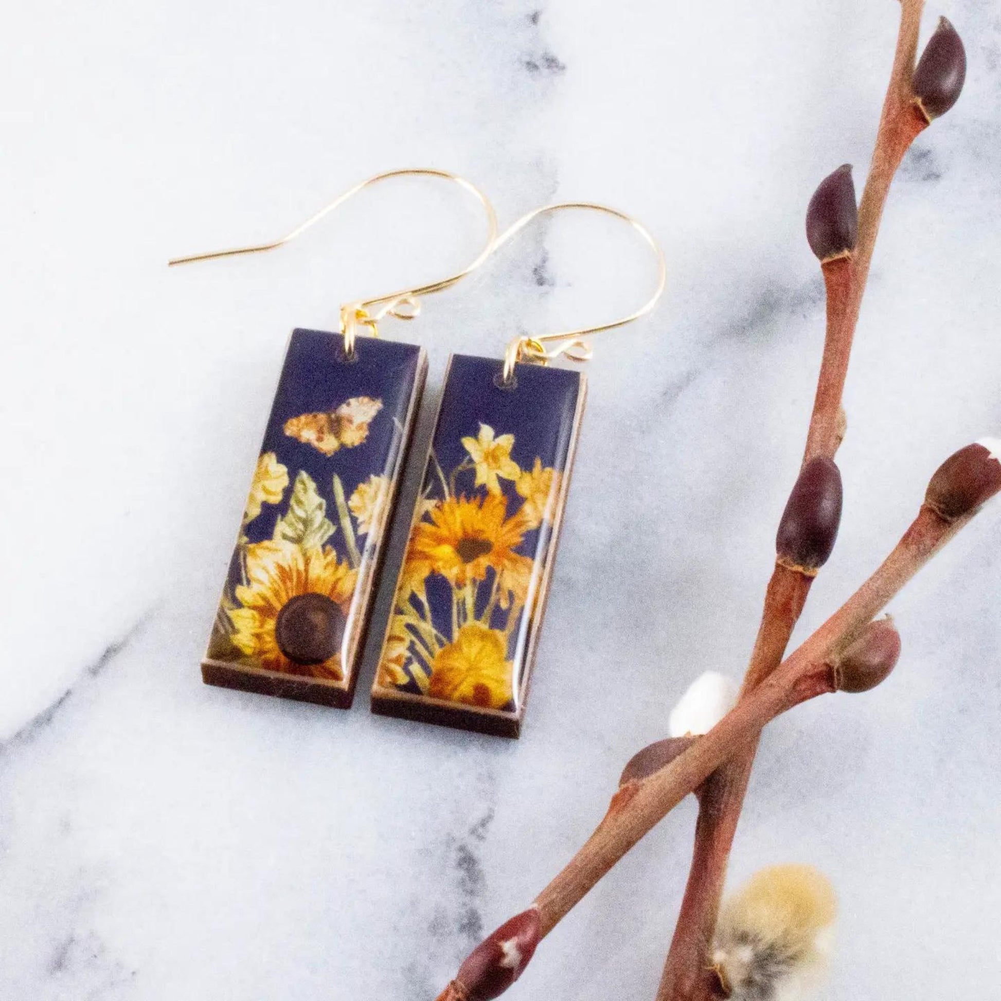 Navy + Gold Sunflowers Rectangle Earrings - The Little Jewellery Company