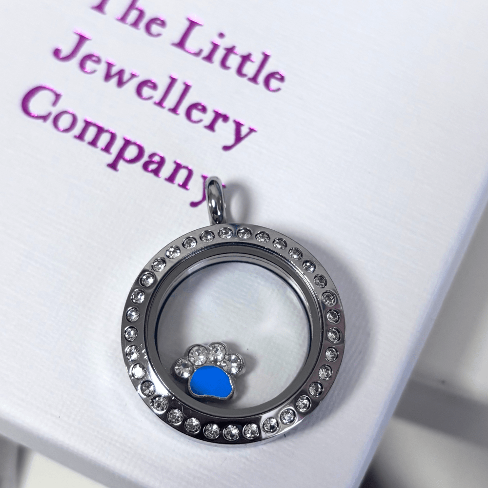 Paw (Blue and Crystal) Memory Locket Charm - The Little Jewellery Company
