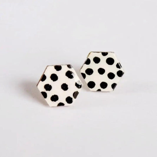 Polka Dot Wooden Hexagon Studs - The Little Jewellery Company