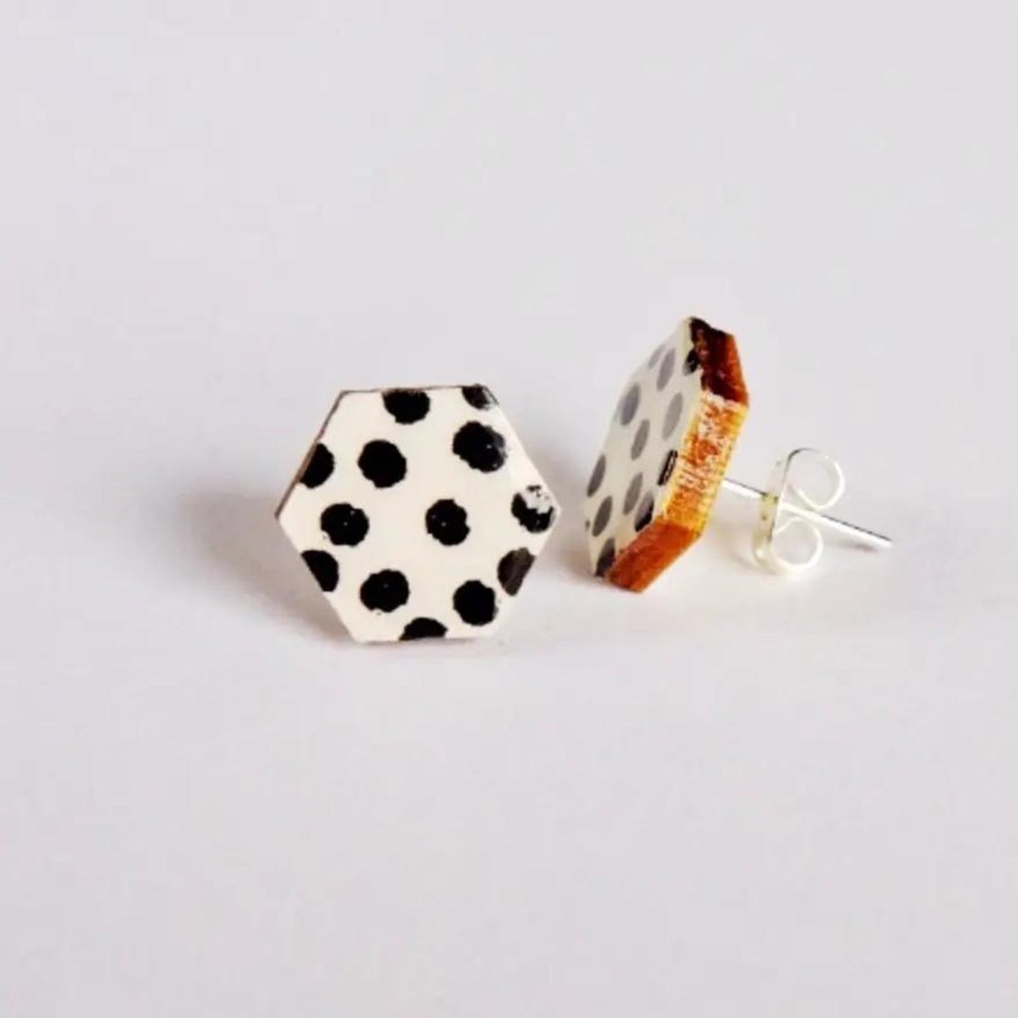 Polka Dot Wooden Hexagon Studs - The Little Jewellery Company