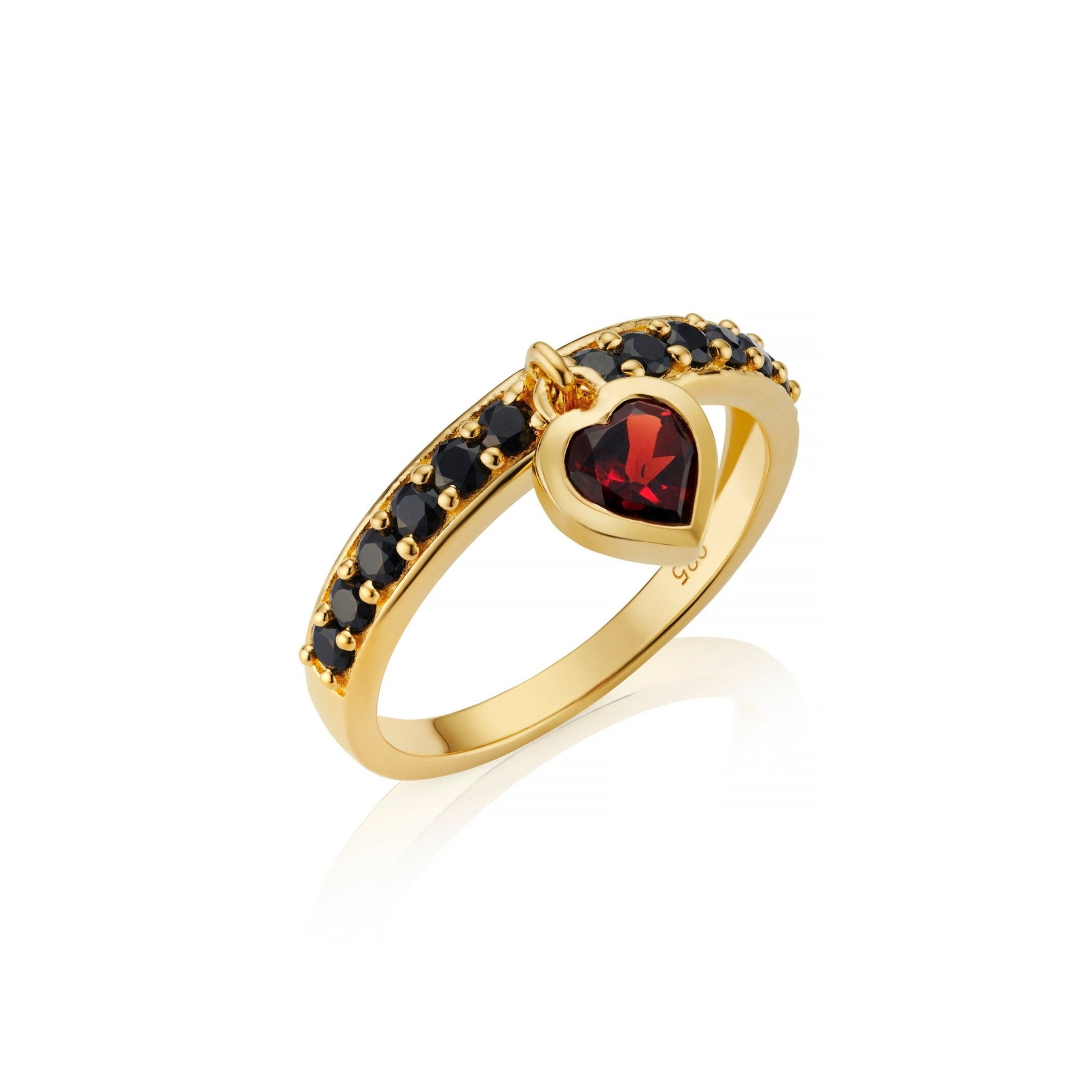 Queen Of Hearts Garnet and Black Onyx Charm Ring - The Little Jewellery Company