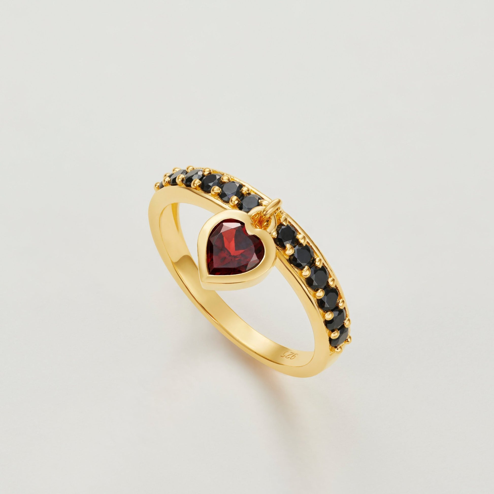 Queen Of Hearts Garnet and Black Onyx Charm Ring - The Little Jewellery Company