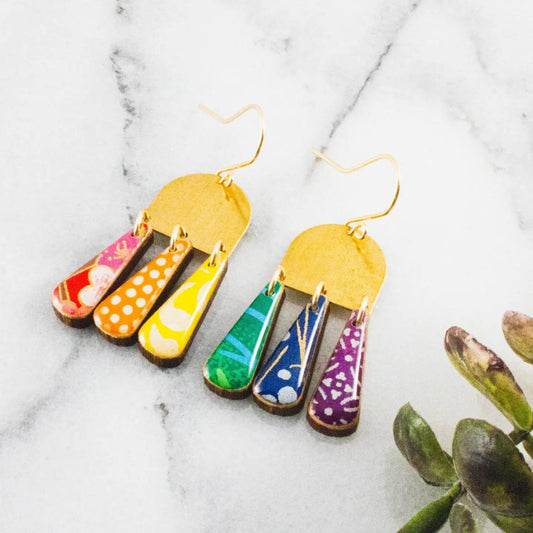 Rainbow Collage Brass Drop Earrings - The Little Jewellery Company