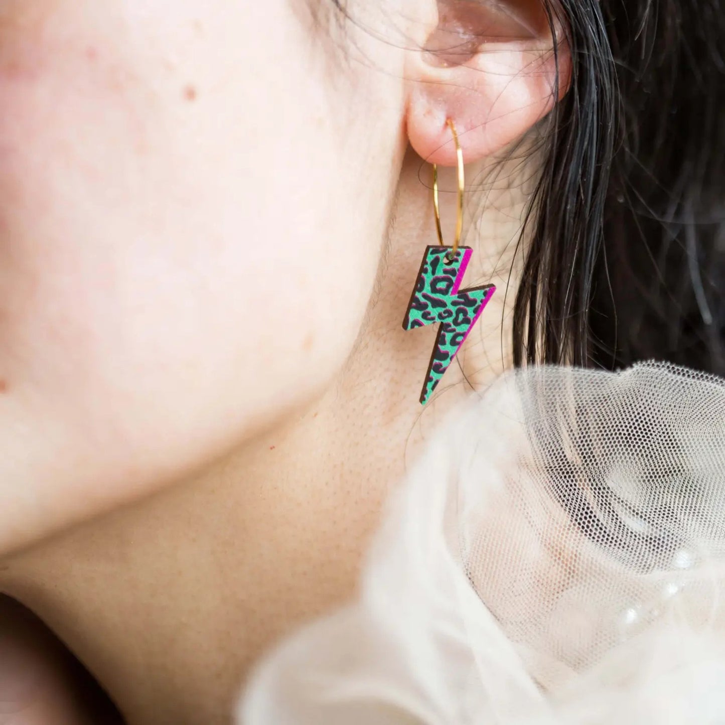 Rebel Rebel - Peach Tiger Print Lightning Bolt Earrings - The Little Jewellery Company