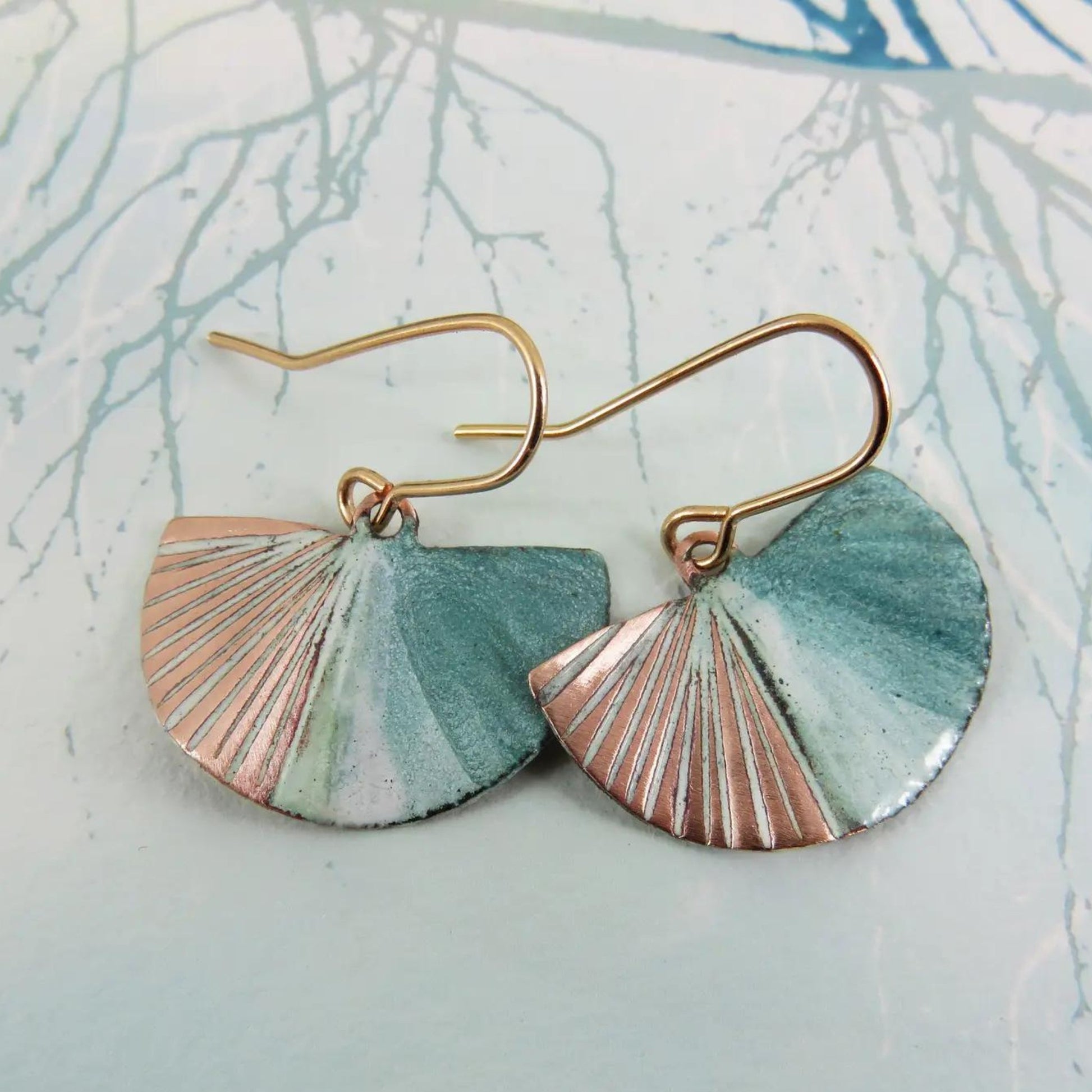 Semi Circle Fan Style Textured Copper and Enamel Earrings - The Little Jewellery Company