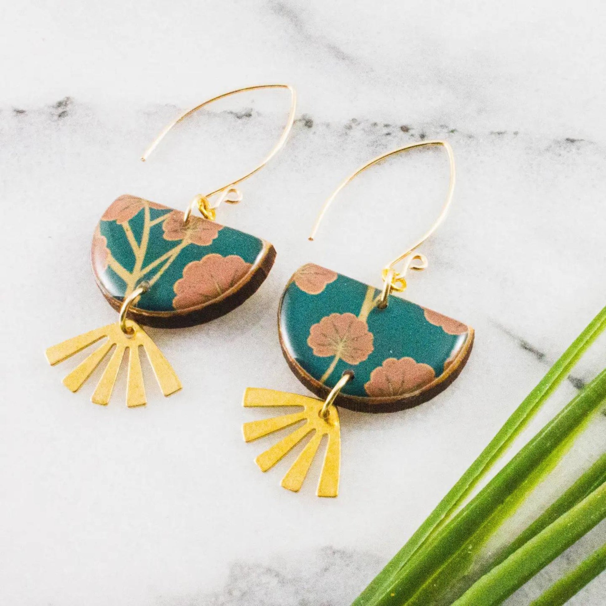 Teal + Pink Floral Brass Fan Earrings - The Little Jewellery Company