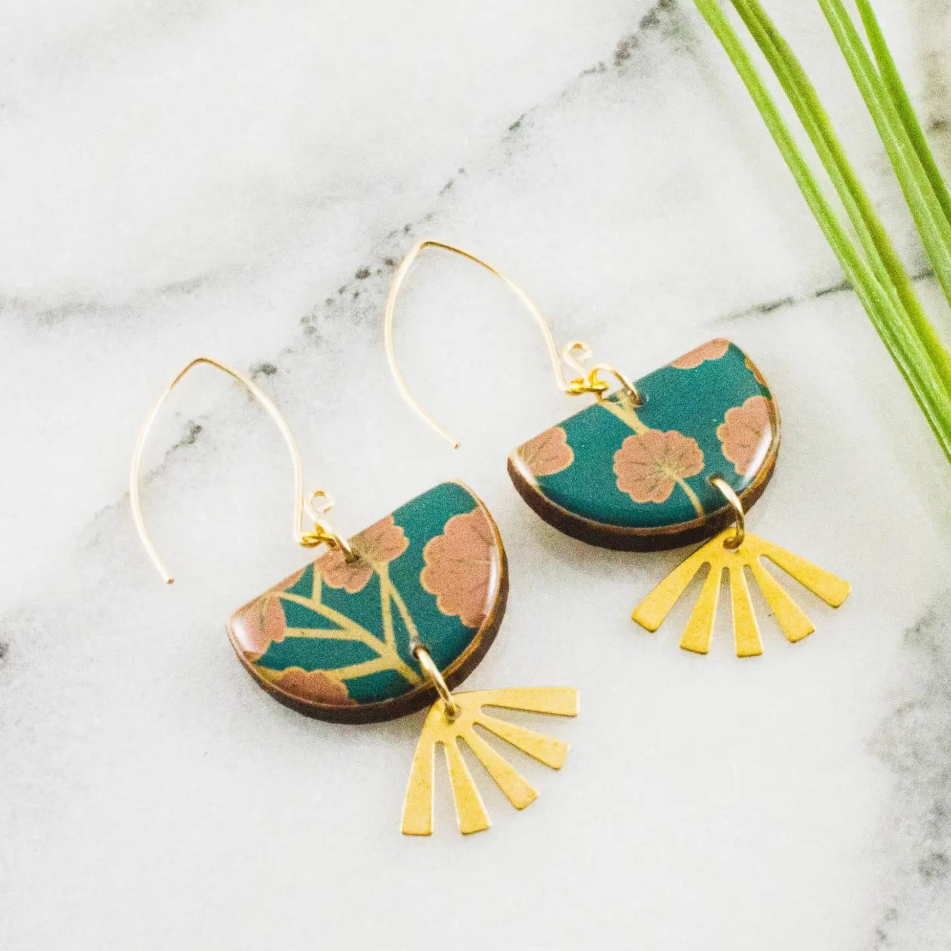 Teal + Pink Floral Brass Fan Earrings - The Little Jewellery Company