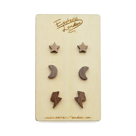 Tiny Wooden Star, Moon & Lightning Stud Earrings Set - The Little Jewellery Company