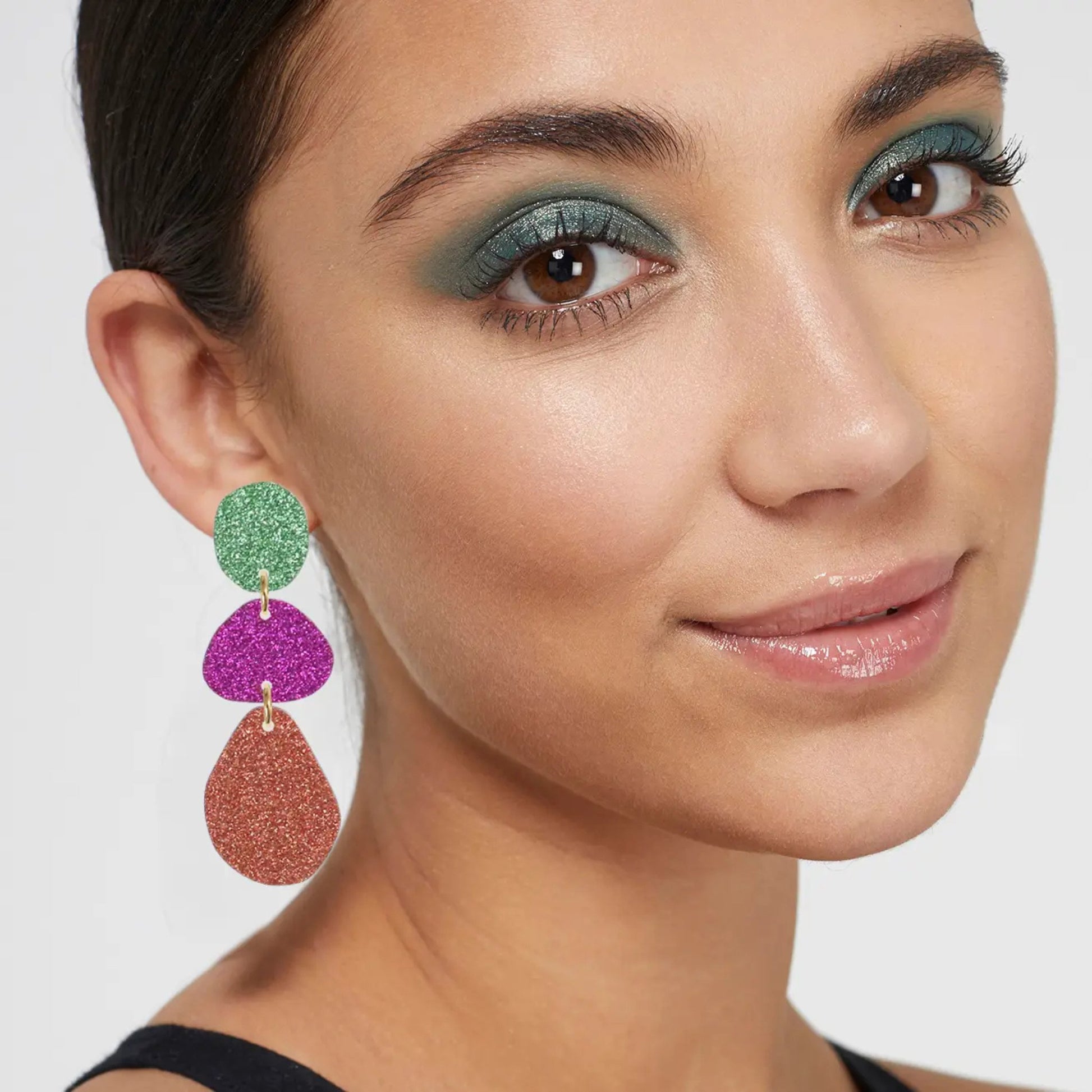 Triple Glitter Drop Stud Earrings - B.Pink, Emerald, Silver - The Little Jewellery Company