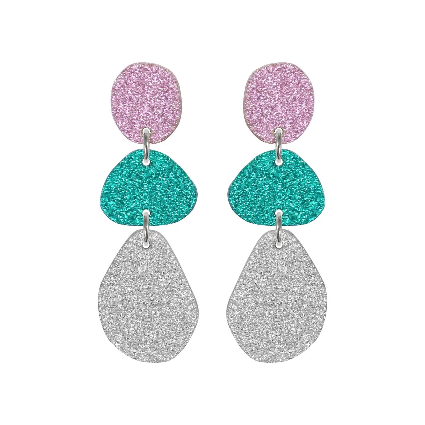 Triple Glitter Drop Stud Earrings - B.Pink, Emerald, Silver - The Little Jewellery Company