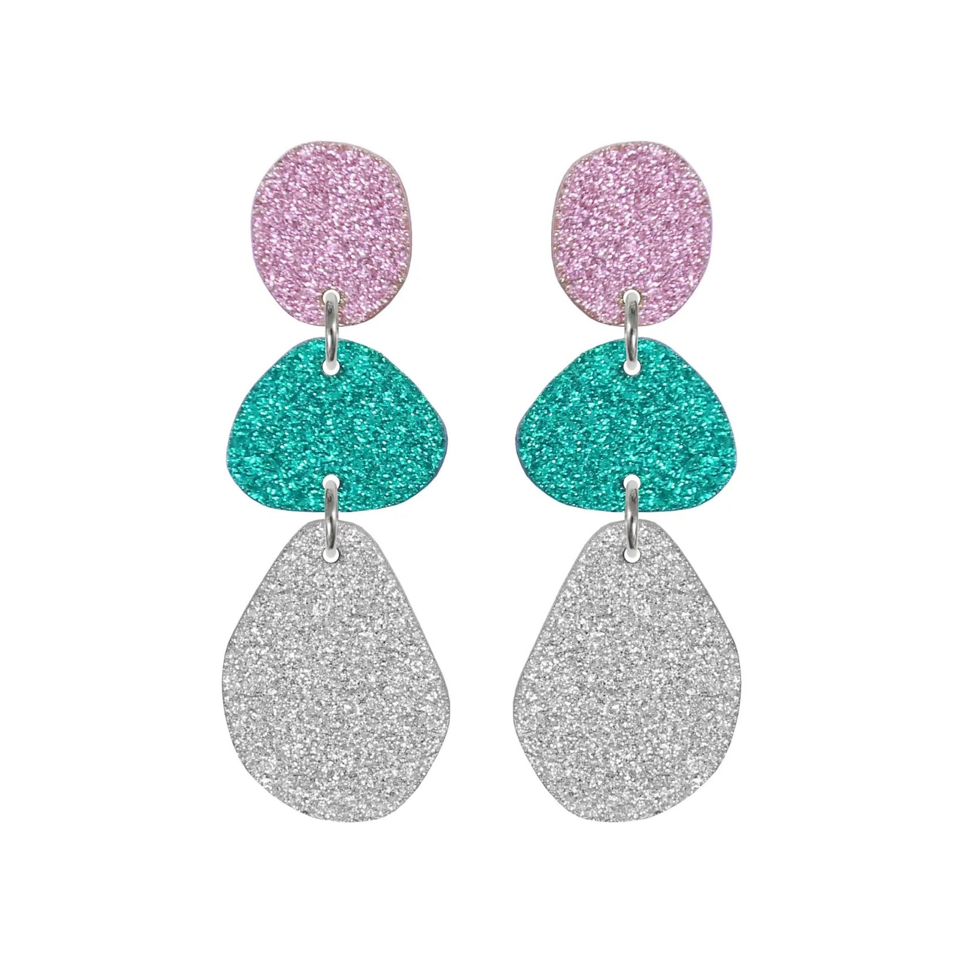 Triple Glitter Drop Stud Earrings - B.Pink, Emerald, Silver - The Little Jewellery Company