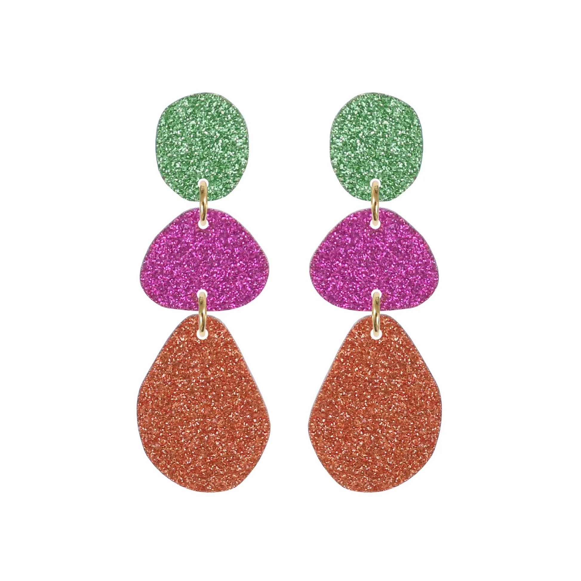 Triple Glitter Drop Stud Earrings - S.Green, Magenta, Orange - The Little Jewellery Company