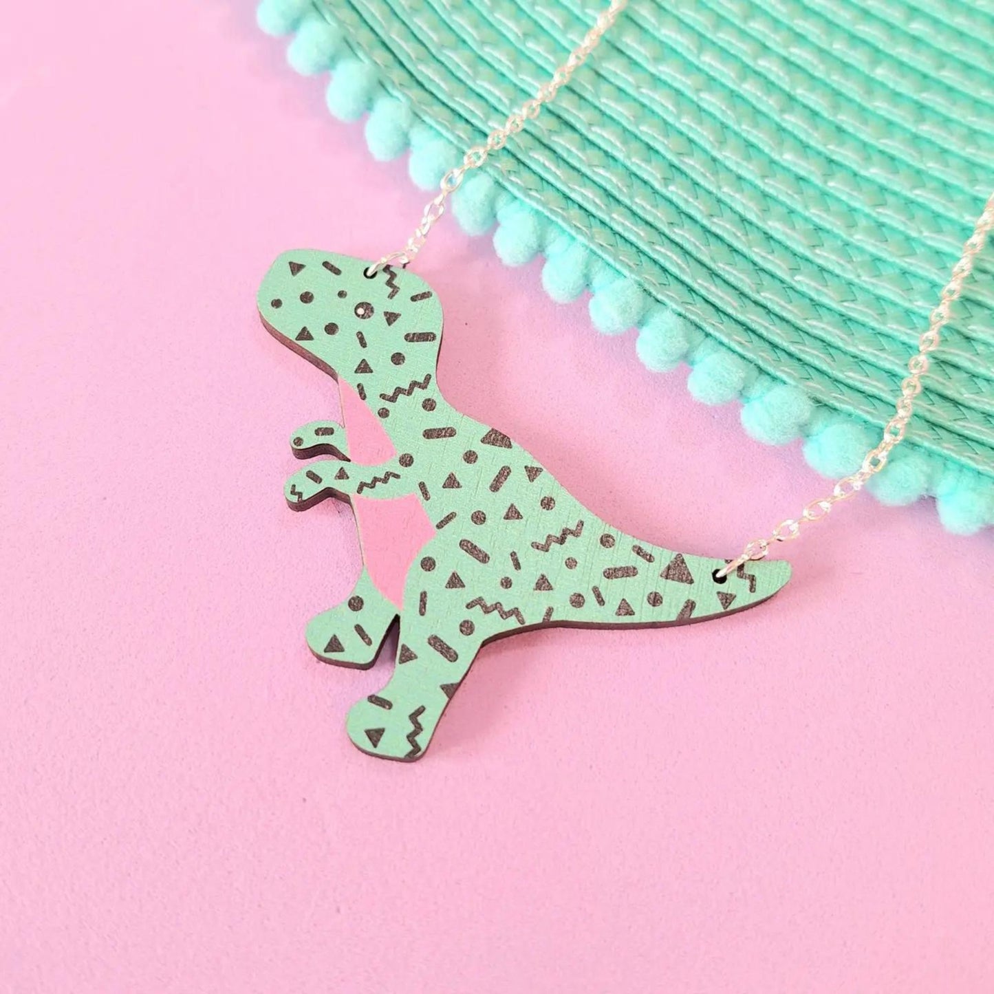 Turquoise Retro Pattern T - Rex Dinosaur Necklace - The Little Jewellery Company