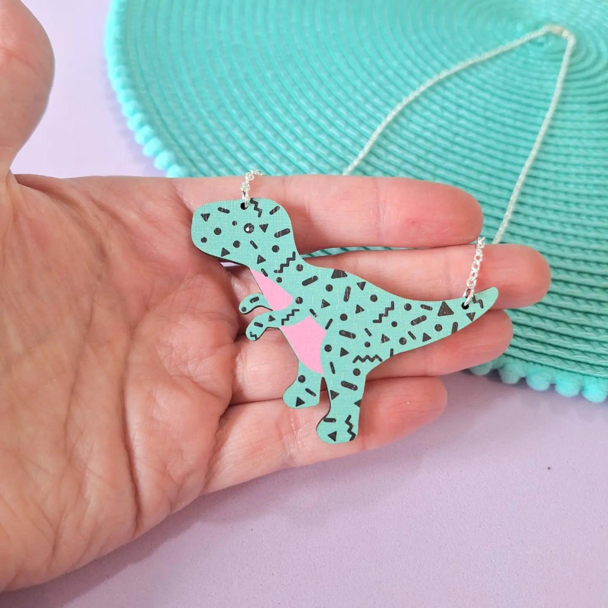 Turquoise Retro Pattern T - Rex Dinosaur Necklace - The Little Jewellery Company