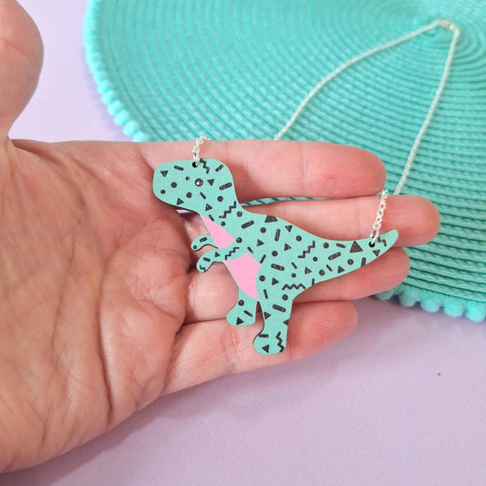 Turquoise Retro Pattern T - Rex Dinosaur Necklace - The Little Jewellery Company