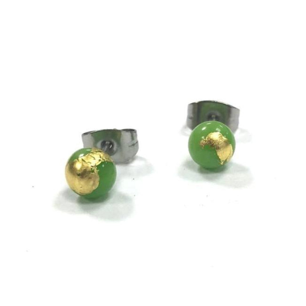 Apple Green and Gold Handmade Glass Stud Earrings - The Little Jewellery Company